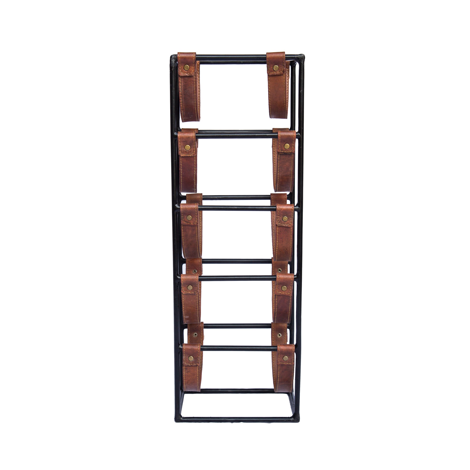 Square Leather and Metal 5 Bottle Sling Wine Rack